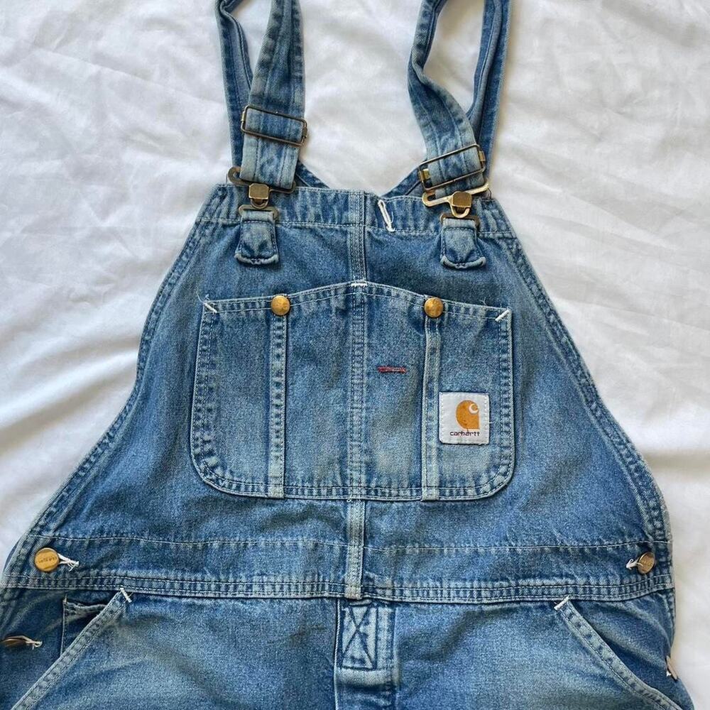 Vintage Carhartt Denim Overalls Distressed Workwear Carpenter Bib 38x26 - Picture 4 of 10